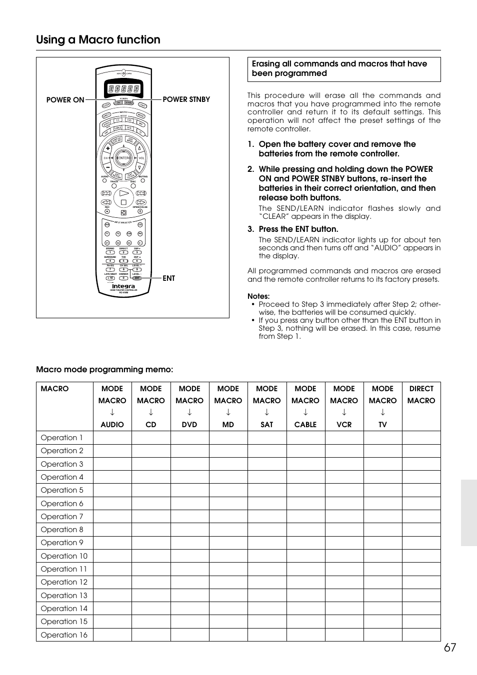 67 using a macro function, Press the ent button | Integra DTR-9.1 User Manual | Page 67 / 92