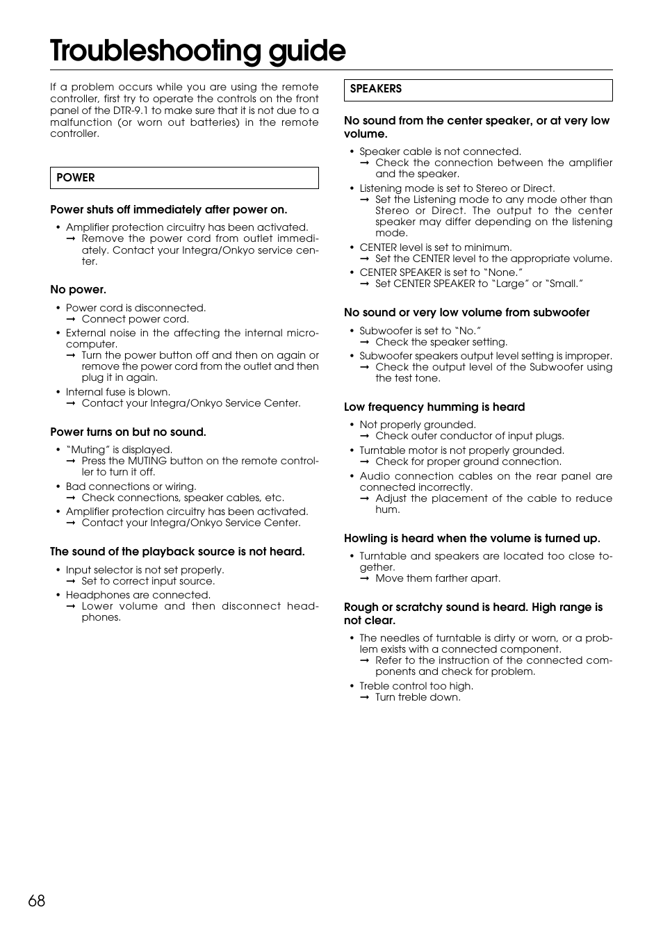 Troubleshooting guide | Integra DTR-9.1 User Manual | Page 68 / 92