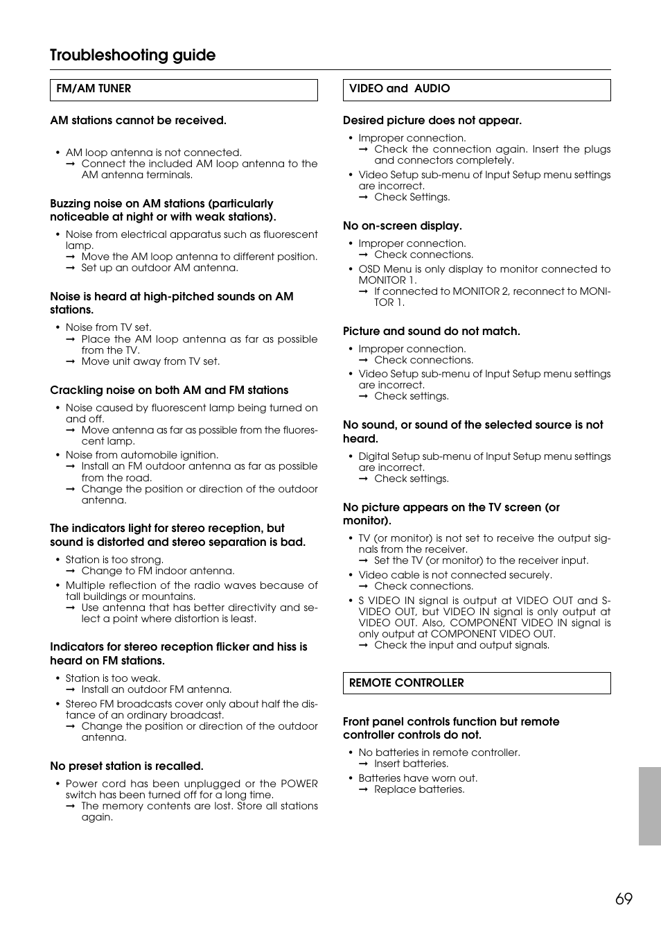 Troubleshooting guide | Integra DTR-9.1 User Manual | Page 69 / 92