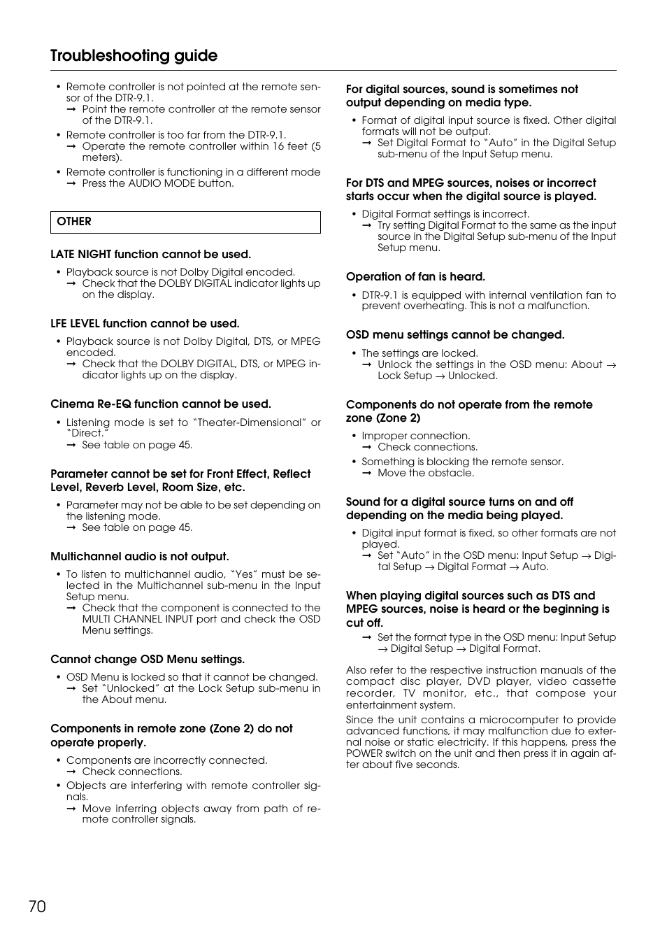 70 troubleshooting guide | Integra DTR-9.1 User Manual | Page 70 / 92