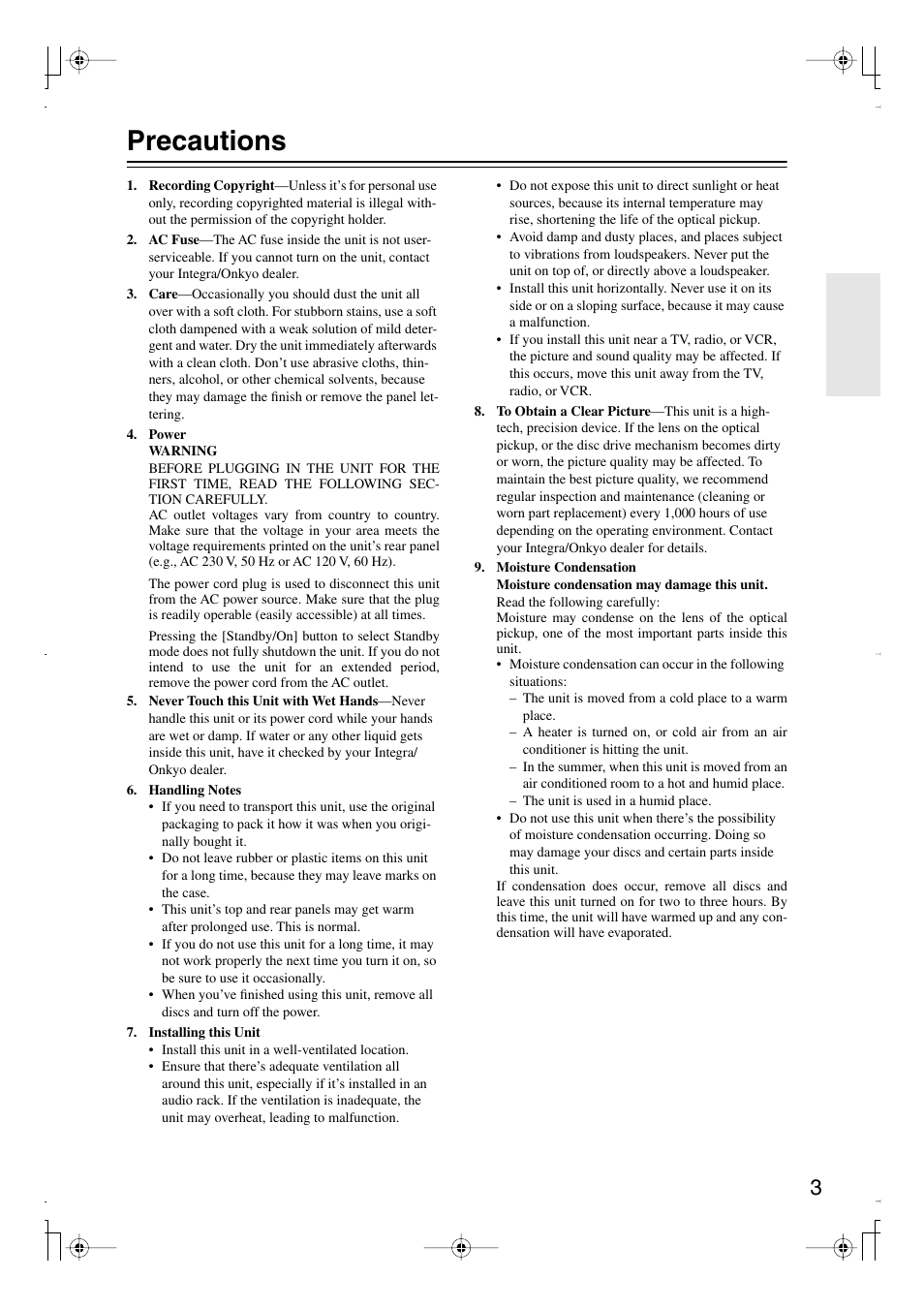 Precautions | Integra DPS-6.7 User Manual | Page 3 / 64