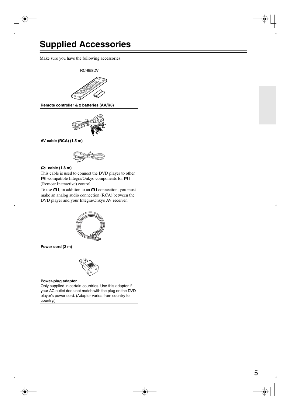 Supplied accessories | Integra DPS-6.7 User Manual | Page 5 / 64