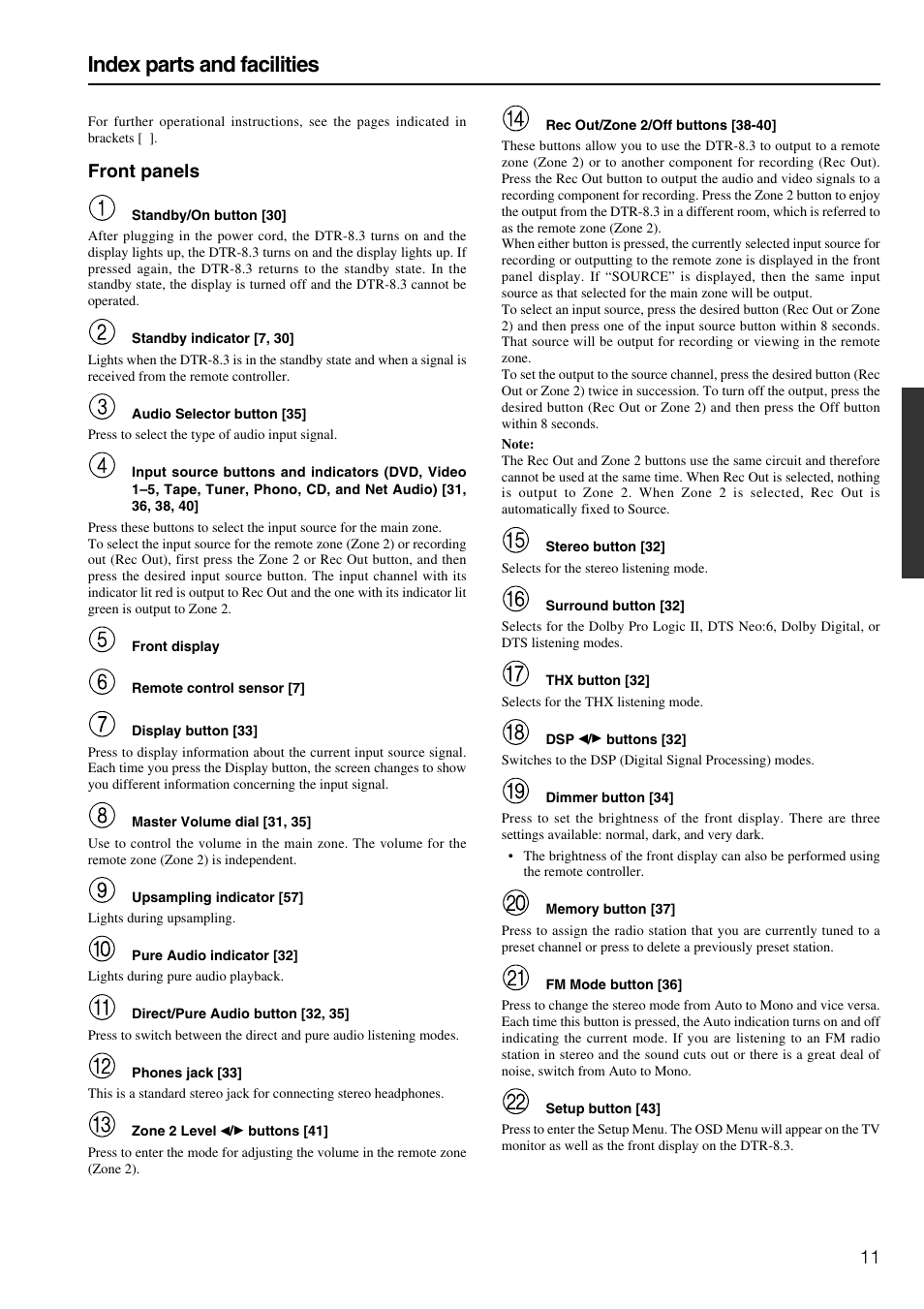 Index parts and facilities, Front panels | Integra DTR-8.3 User Manual | Page 11 / 96