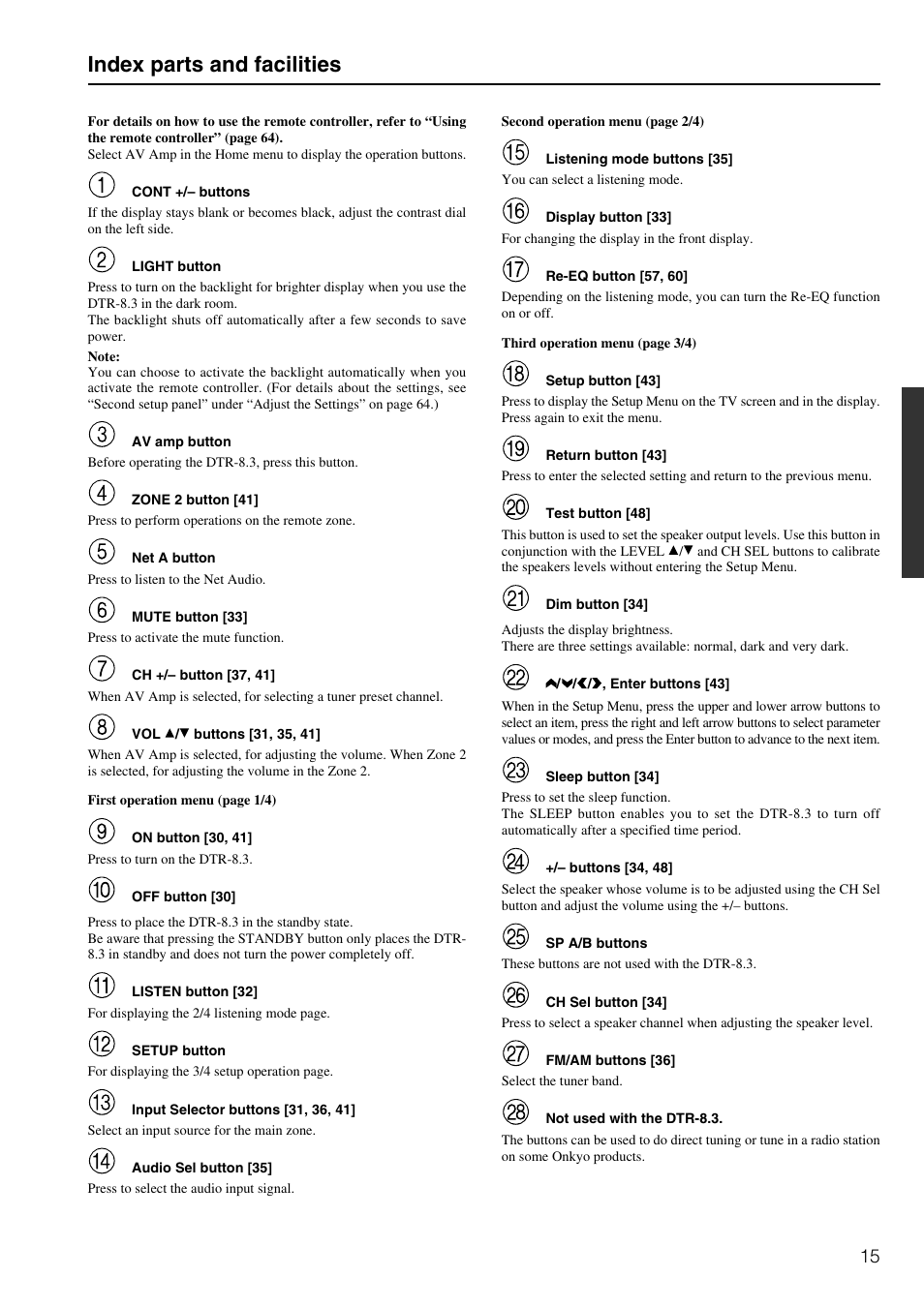 Index parts and facilities | Integra DTR-8.3 User Manual | Page 15 / 96