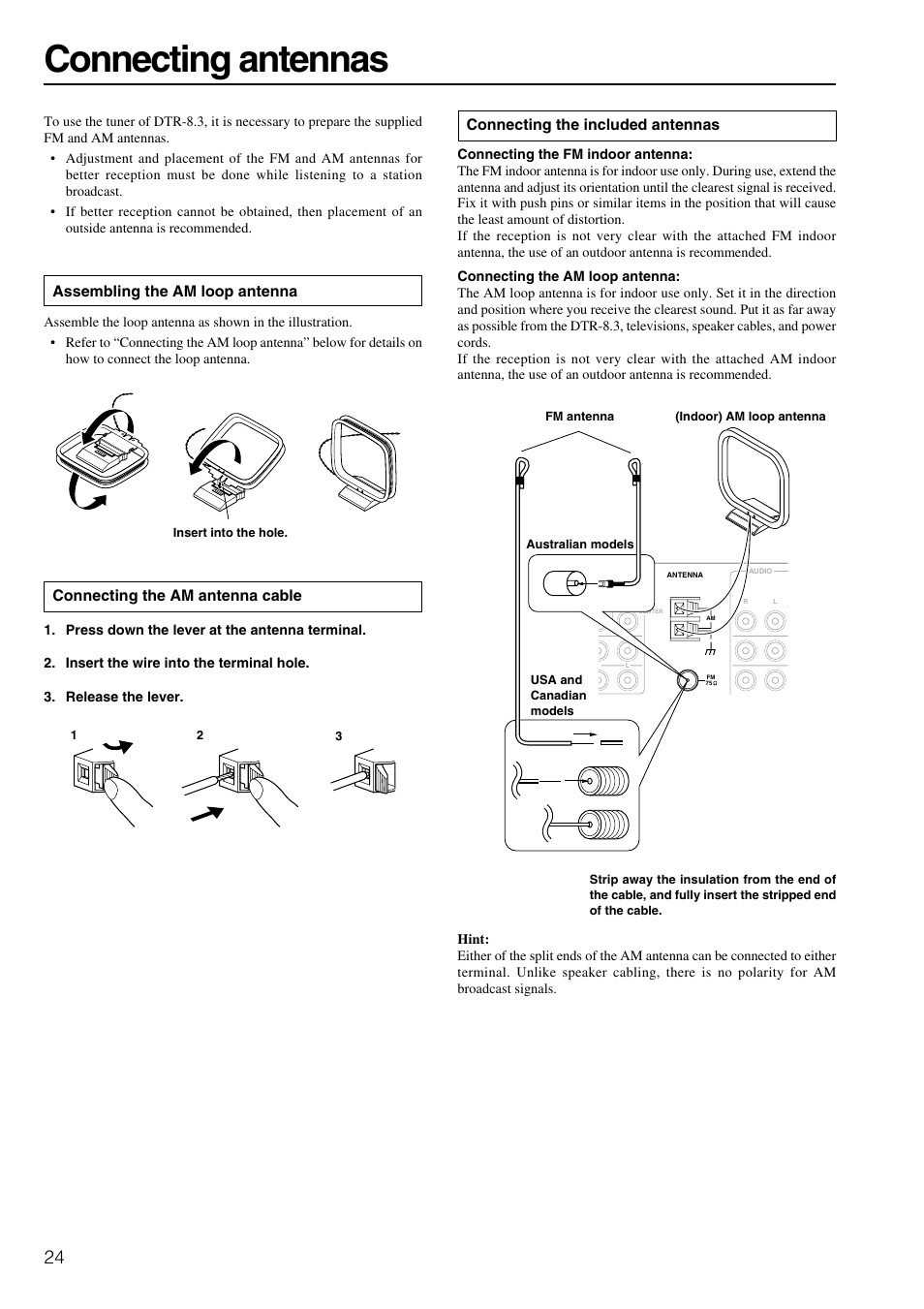 Connecting antennas, Assembling the am loop antenna, Connecting the am antenna cable | Connecting the included antennas | Integra DTR-8.3 User Manual | Page 24 / 96