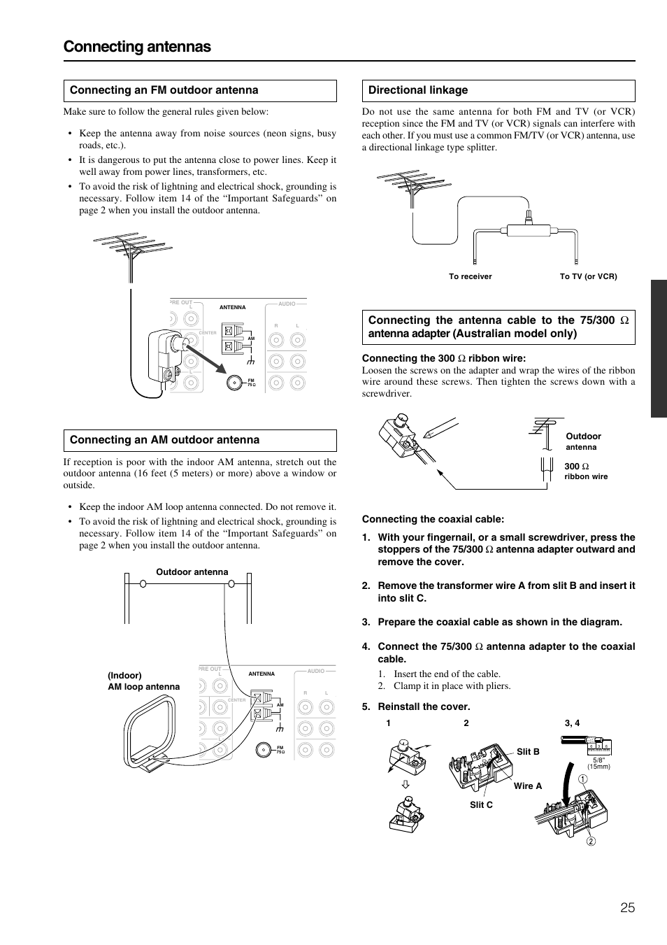 Connecting antennas, Directional linkage, Connecting an fm outdoor antenna | Connecting an am outdoor antenna | Integra DTR-8.3 User Manual | Page 25 / 96