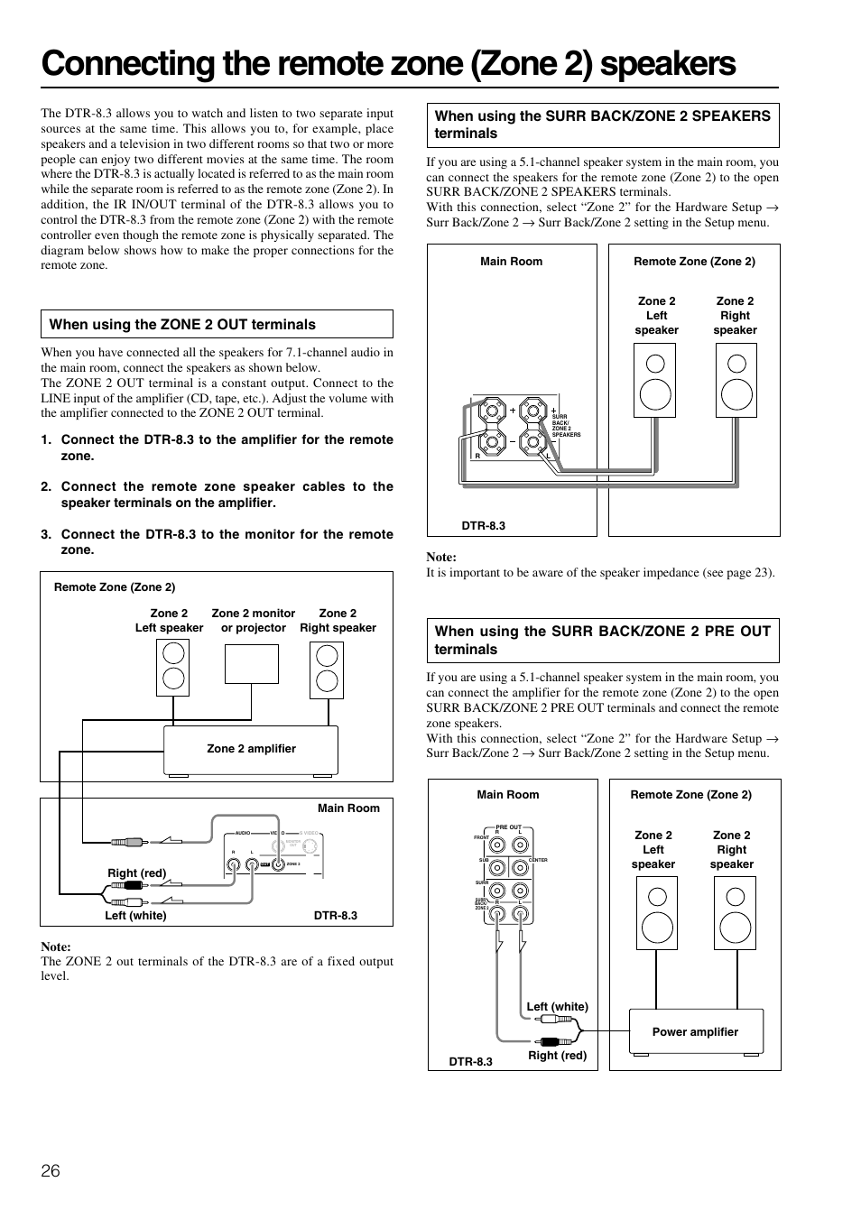 Connecting the remote zone (zone 2) speakers, When using the surr back/zone 2 speakers terminals, When using the surr back/zone 2 pre out terminals | When using the zone 2 out terminals | Integra DTR-8.3 User Manual | Page 26 / 96