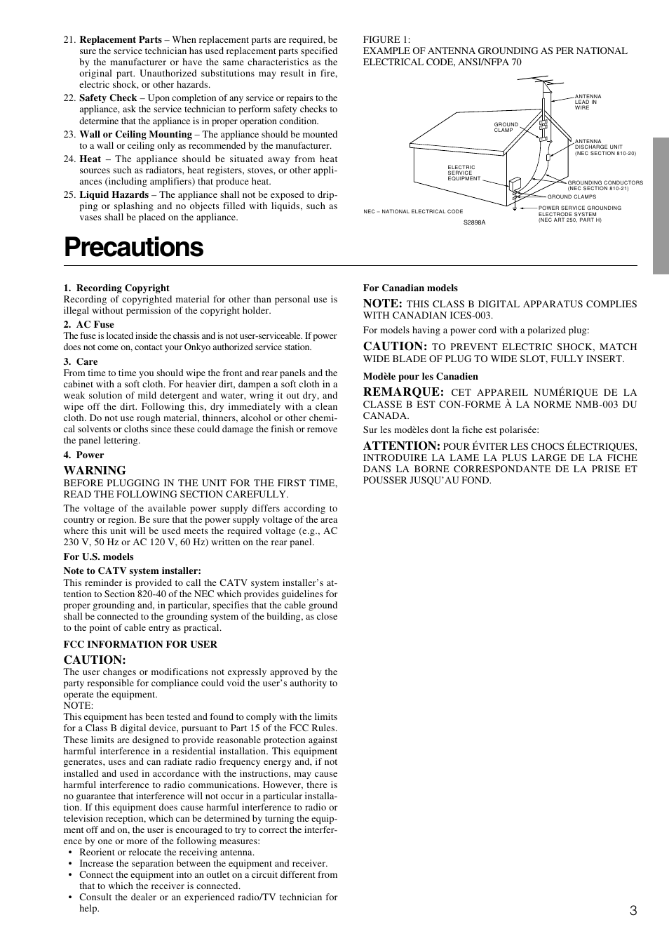 Precautions | Integra DTR-8.3 User Manual | Page 3 / 96