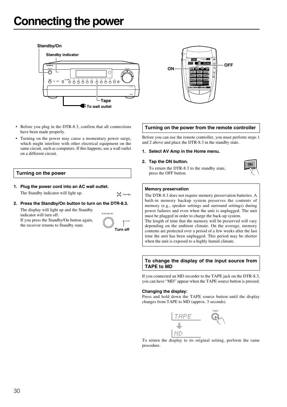 Connecting the power, Turning on the power from the remote controller, Turning on the power | Integra DTR-8.3 User Manual | Page 30 / 96