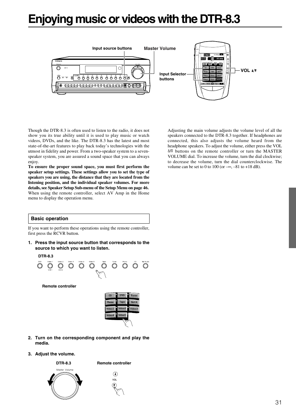 Enjoying music or videos with the dtr-8.3, Basic operation | Integra DTR-8.3 User Manual | Page 31 / 96