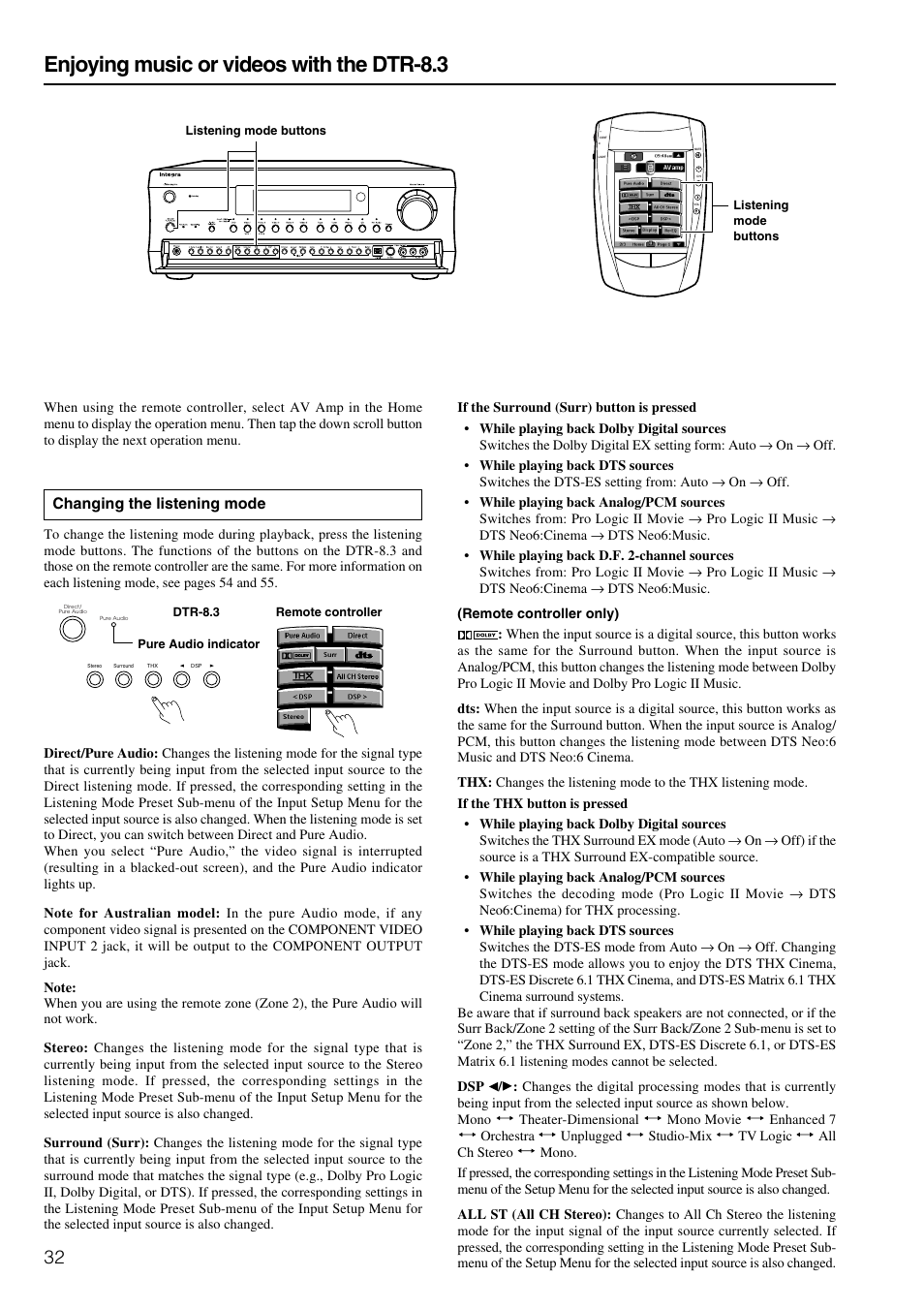 Enjoying music or videos with the dtr-8.3, Changing the listening mode | Integra DTR-8.3 User Manual | Page 32 / 96