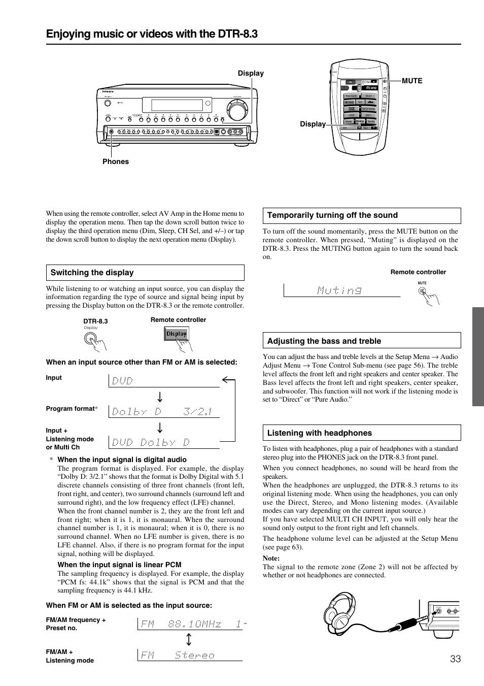 Enjoying music or videos with the dtr-8.3, Switching the display, Temporarily turning off the sound | Adjusting the bass and treble, Listening with headphones | Integra DTR-8.3 User Manual | Page 33 / 96