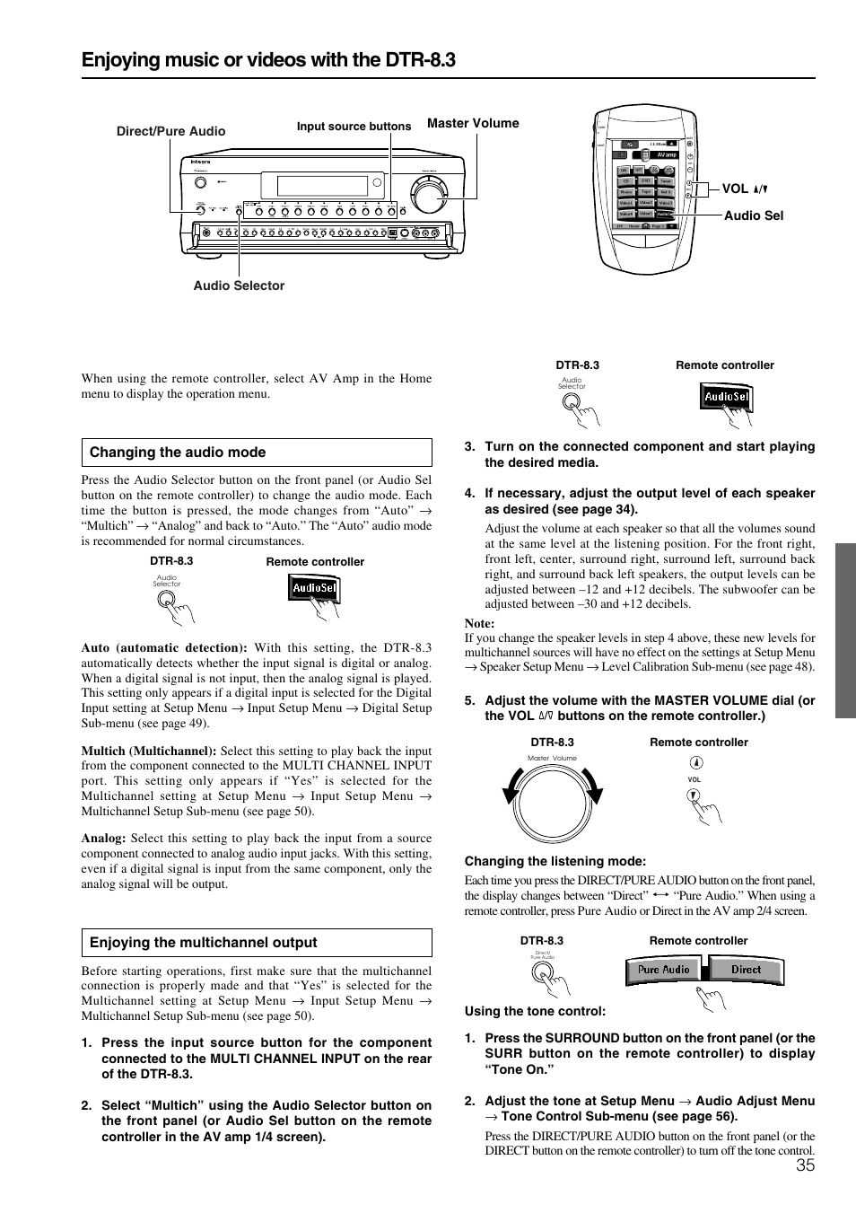 Enjoying music or videos with the dtr-8.3, Changing the audio mode, Enjoying the multichannel output | Integra DTR-8.3 User Manual | Page 35 / 96