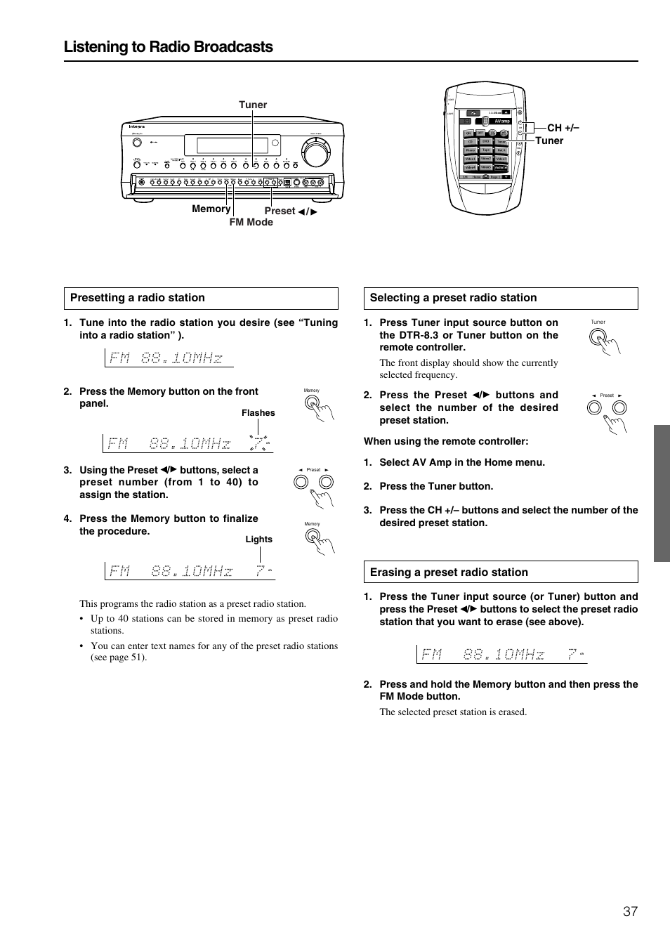 Listening to radio broadcasts, Selecting a preset radio station, Erasing a preset radio station | Presetting a radio station | Integra DTR-8.3 User Manual | Page 37 / 96