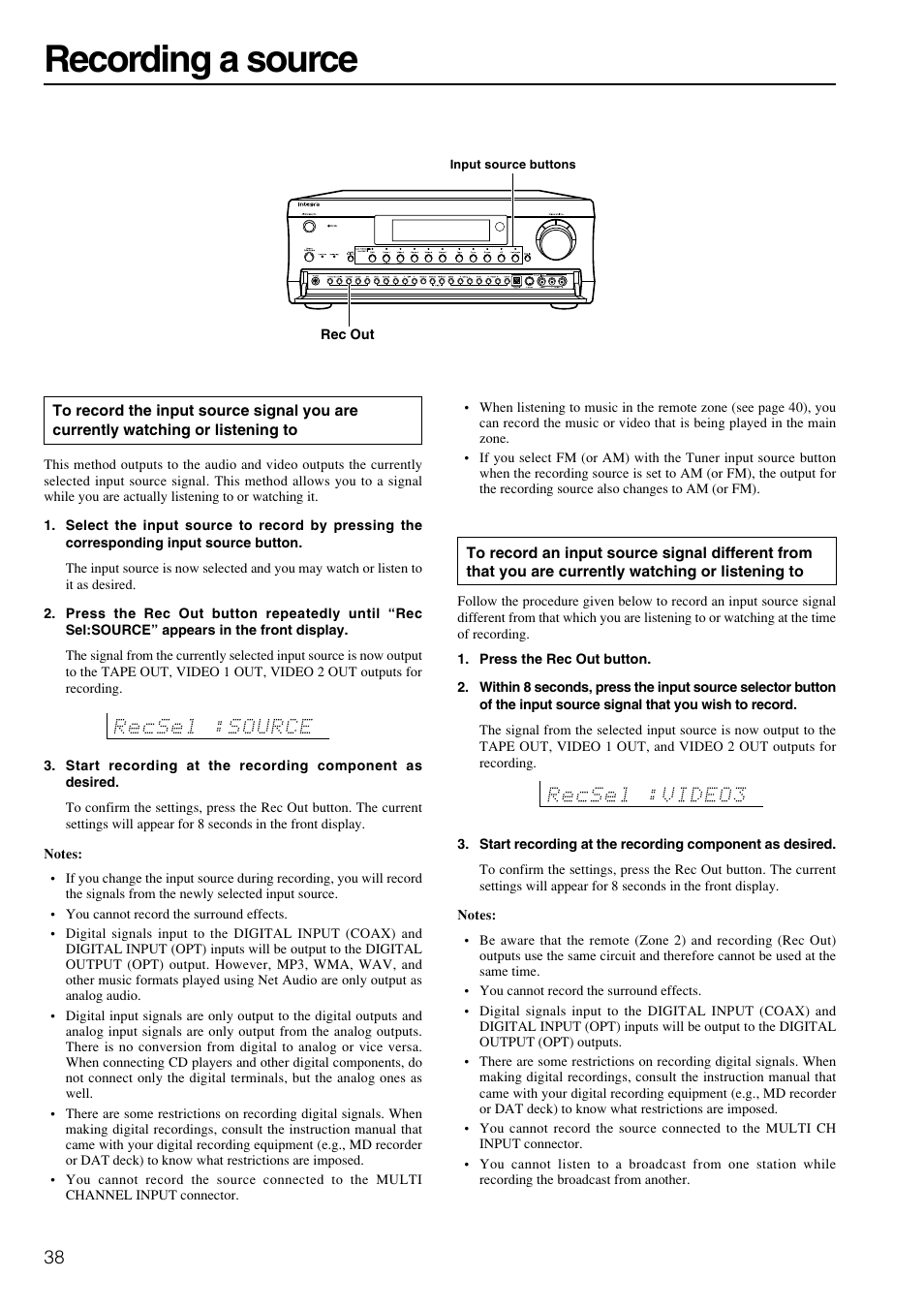 Recording a source | Integra DTR-8.3 User Manual | Page 38 / 96