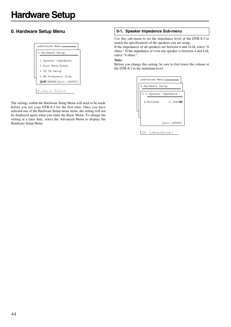 Hardware setup, 44 0. hardware setup menu | Integra DTR-8.3 User Manual | Page 44 / 96