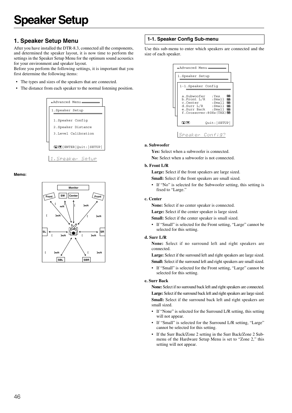 Speaker setup, 46 1. speaker setup menu, 1. speaker config sub-menu | Integra DTR-8.3 User Manual | Page 46 / 96