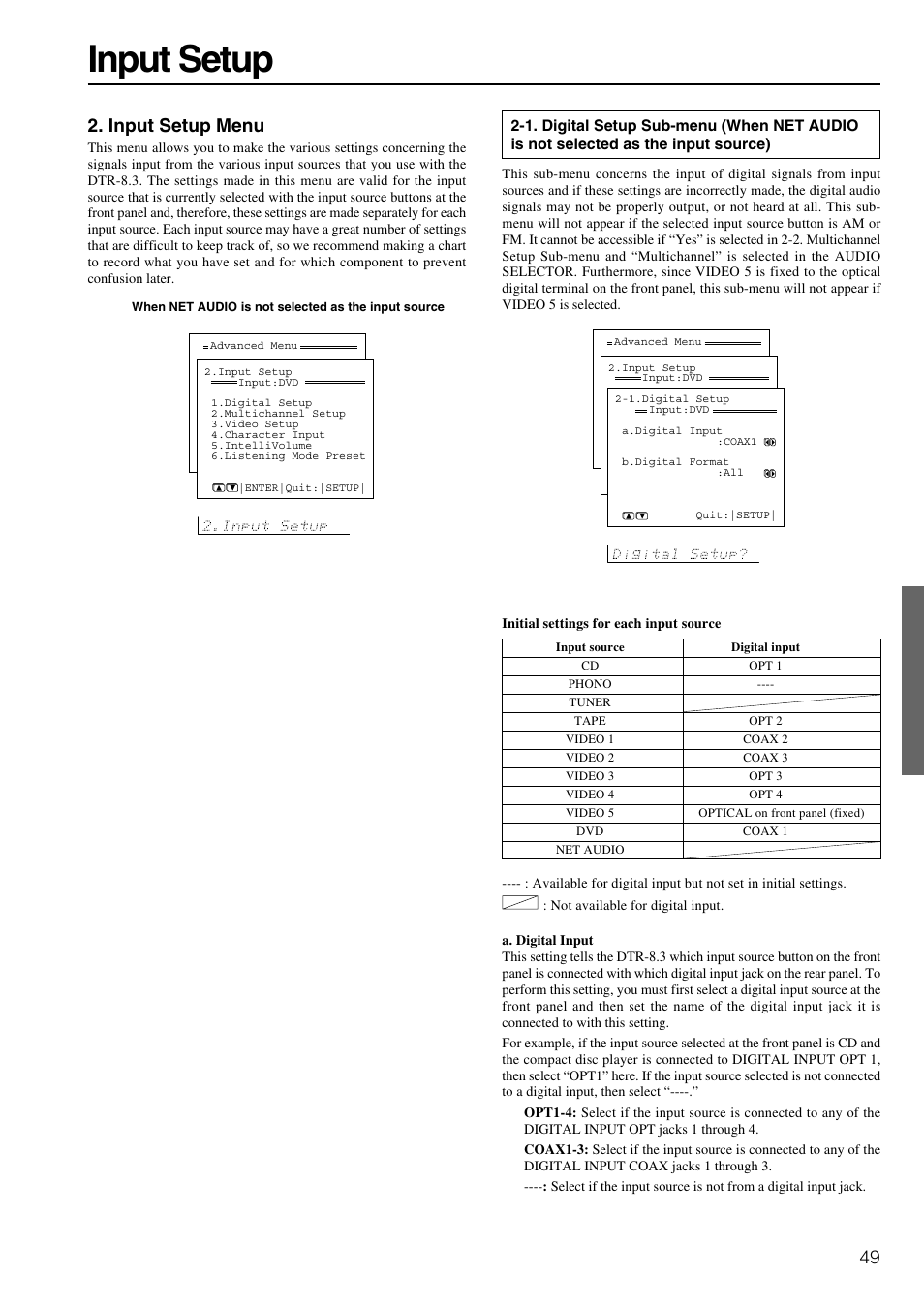 Input setup, Input setup menu | Integra DTR-8.3 User Manual | Page 49 / 96