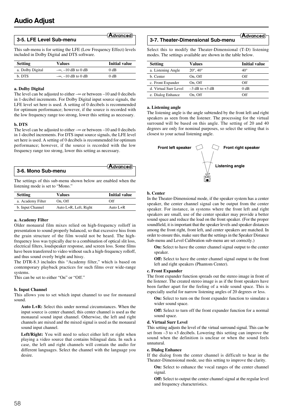Audio adjust | Integra DTR-8.3 User Manual | Page 58 / 96