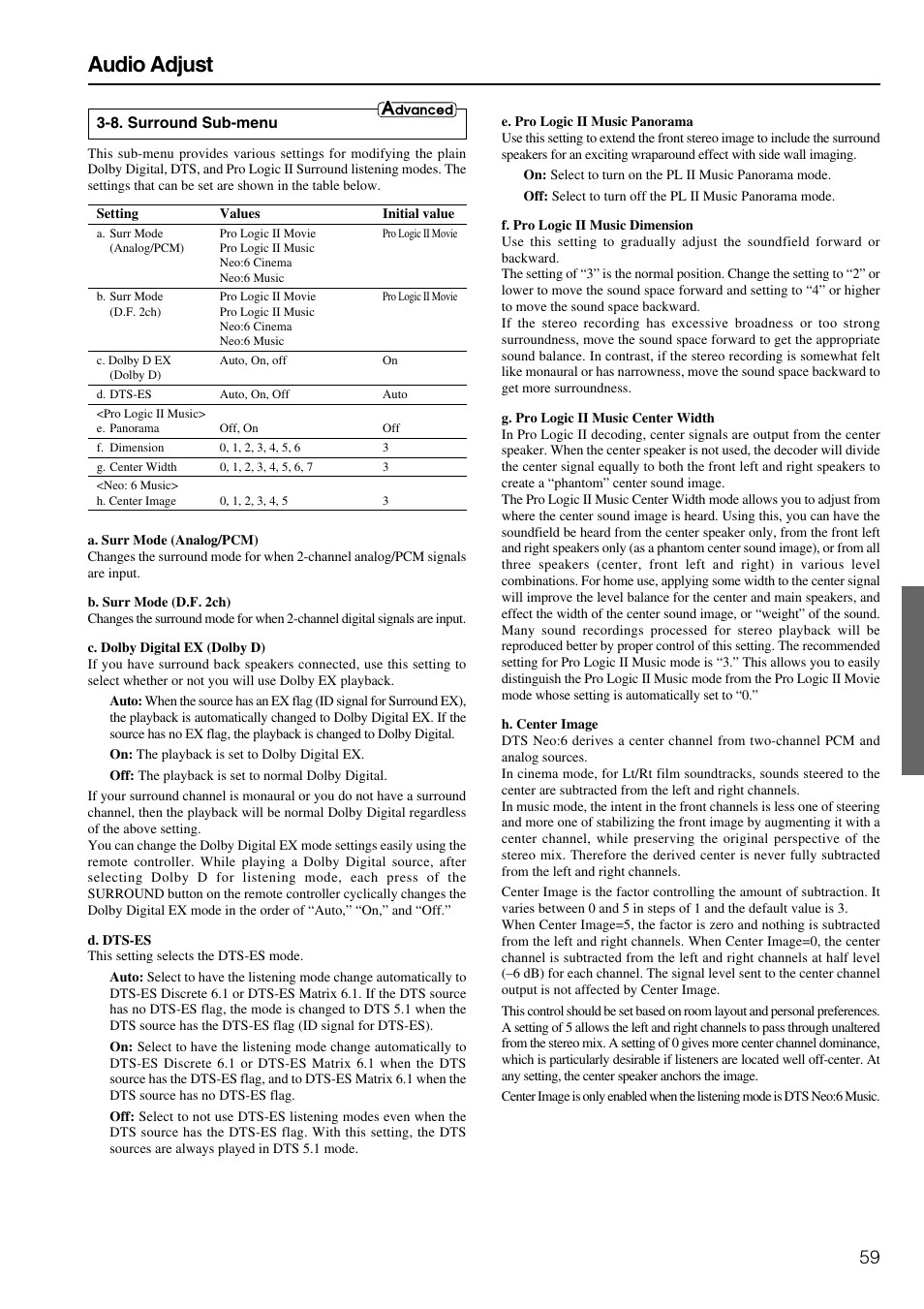 Audio adjust | Integra DTR-8.3 User Manual | Page 59 / 96