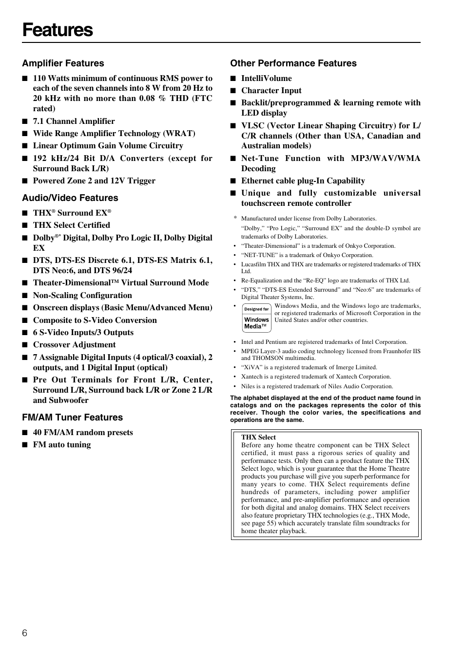 Features, Amplifier features, Audio/video features | Fm/am tuner features, Other performance features | Integra DTR-8.3 User Manual | Page 6 / 96