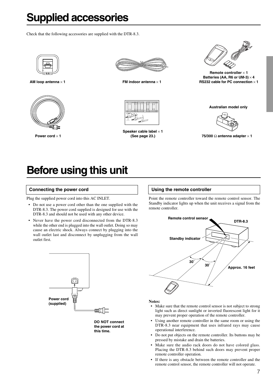 Before using this unit supplied accessories, Connecting the power cord, Using the remote controller | Speaker cable | Integra DTR-8.3 User Manual | Page 7 / 96