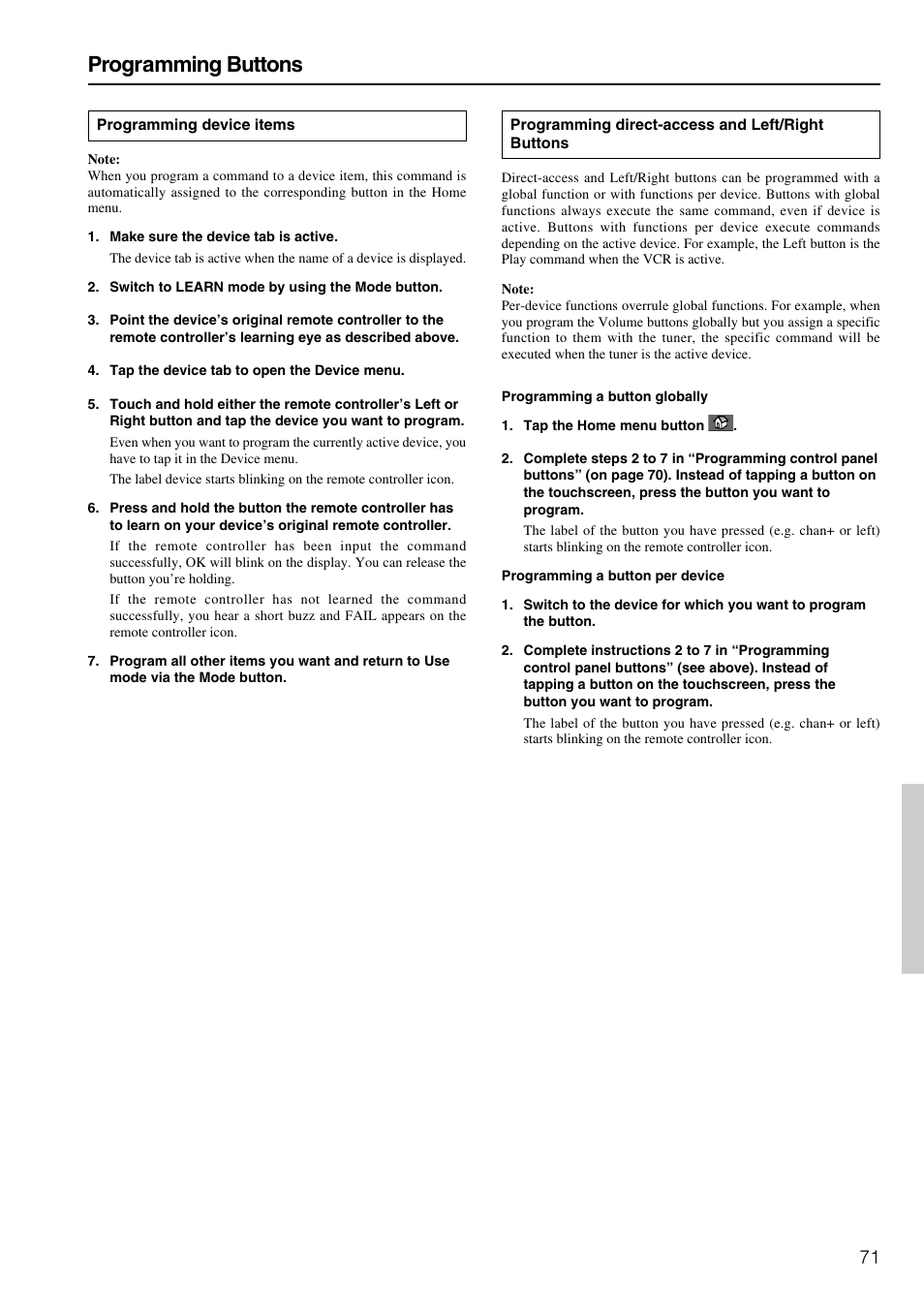 Programming buttons | Integra DTR-8.3 User Manual | Page 71 / 96