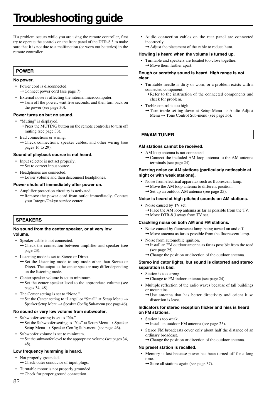 Troubleshooting guide | Integra DTR-8.3 User Manual | Page 82 / 96