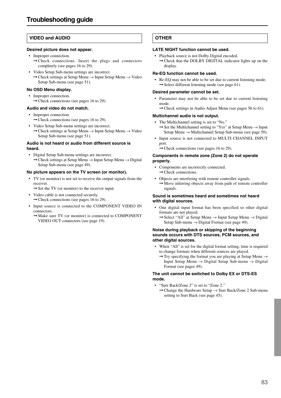 Troubleshooting guide | Integra DTR-8.3 User Manual | Page 83 / 96