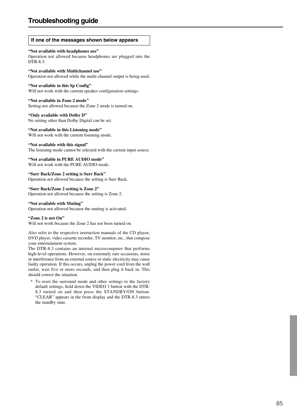 Troubleshooting guide | Integra DTR-8.3 User Manual | Page 85 / 96