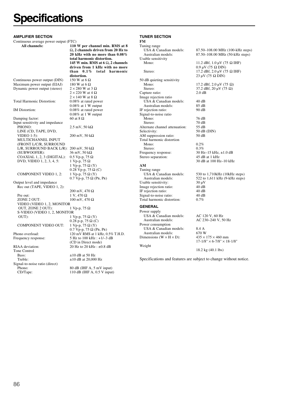 Specifications | Integra DTR-8.3 User Manual | Page 86 / 96