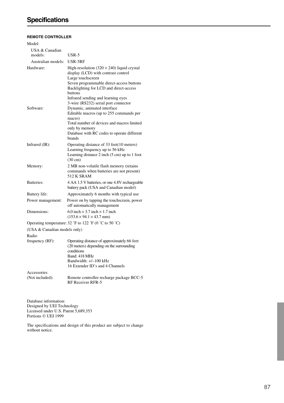 Specifications | Integra DTR-8.3 User Manual | Page 87 / 96