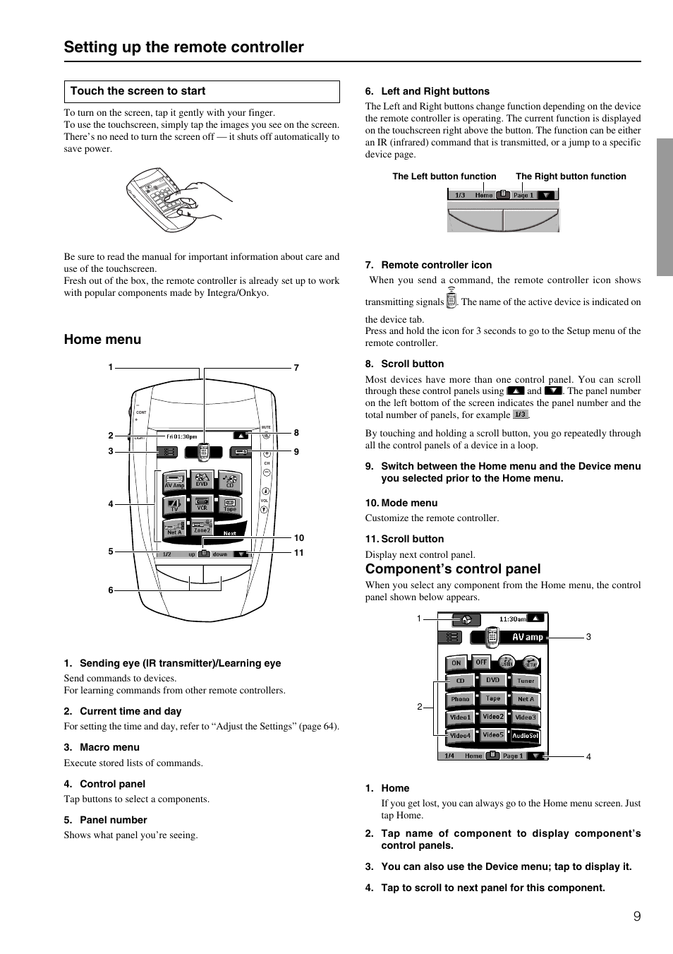Setting up the remote controller, Home menu, Component’s control panel | Integra DTR-8.3 User Manual | Page 9 / 96