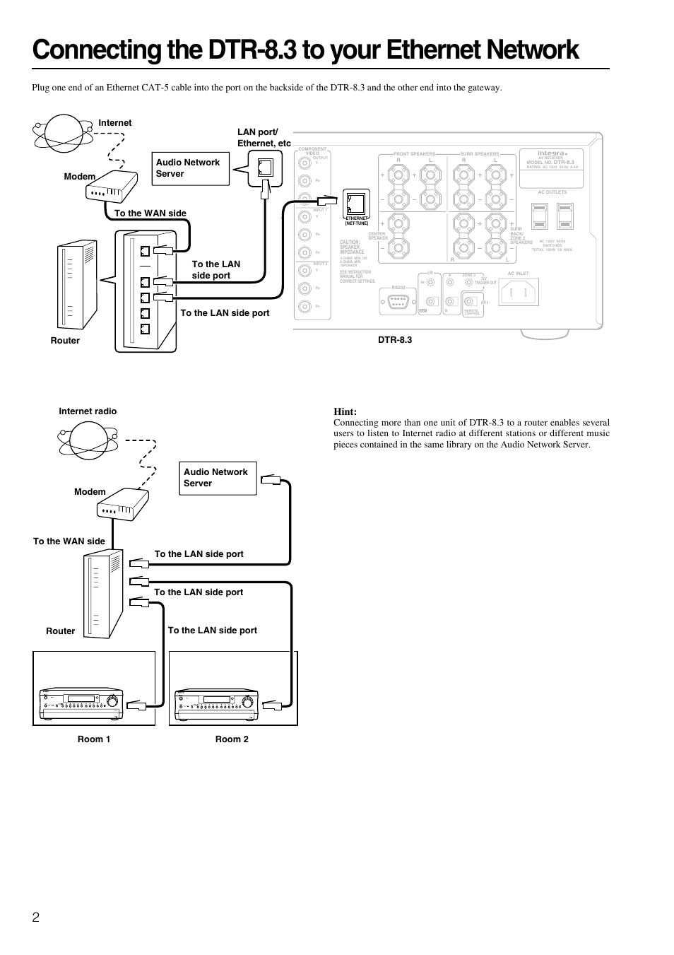 Connecting the dtr-8.3 to your ethernet network, Hint | Integra DTR-8.3 User Manual | Page 90 / 96