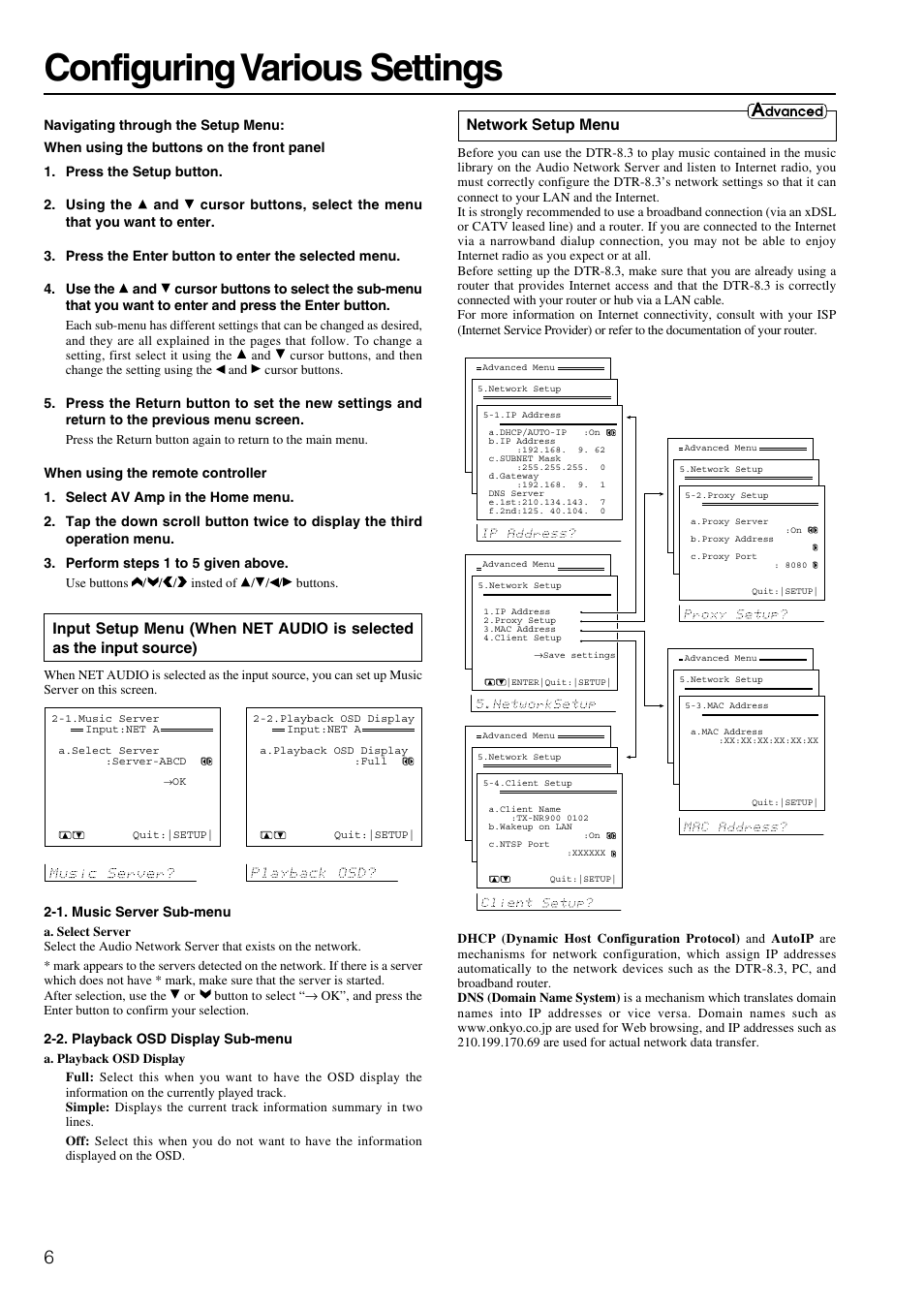 Configuring various settings, Network setup menu | Integra DTR-8.3 User Manual | Page 94 / 96