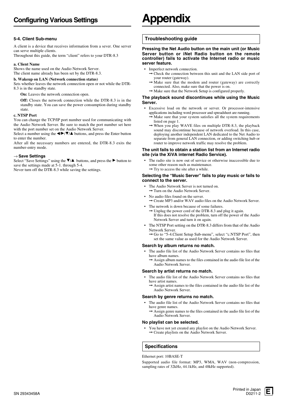 Appendix, Configuring various settings | Integra DTR-8.3 User Manual | Page 96 / 96