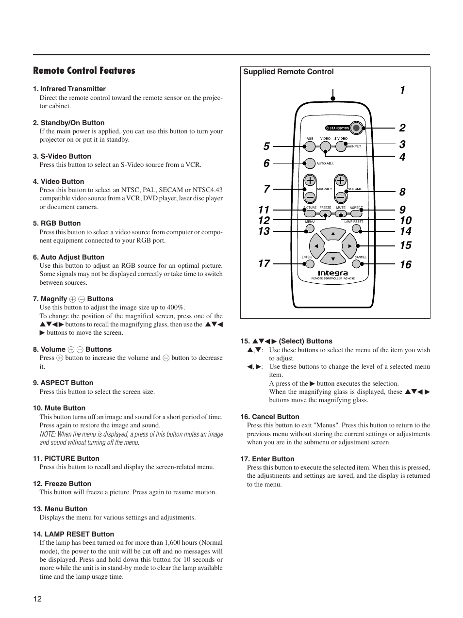 Remote control features | Integra DLV-100 User Manual | Page 12 / 52