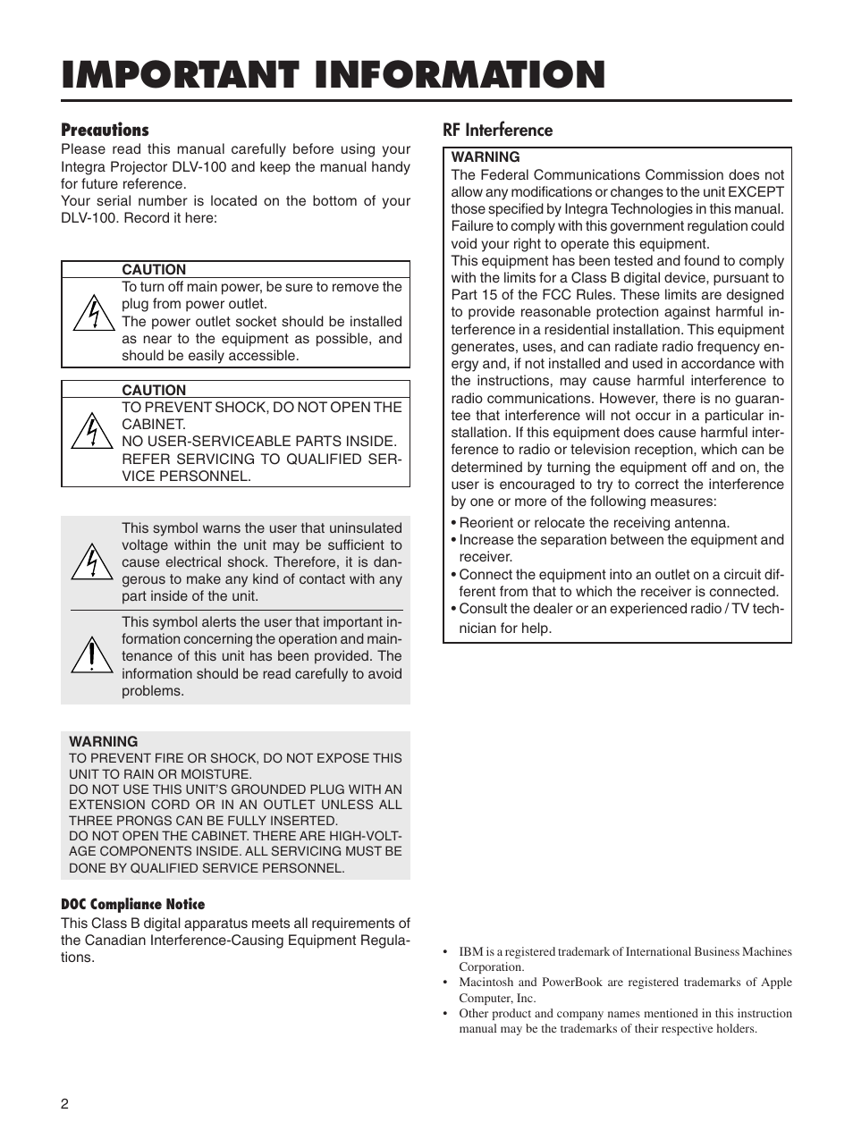 Important information | Integra DLV-100 User Manual | Page 2 / 52