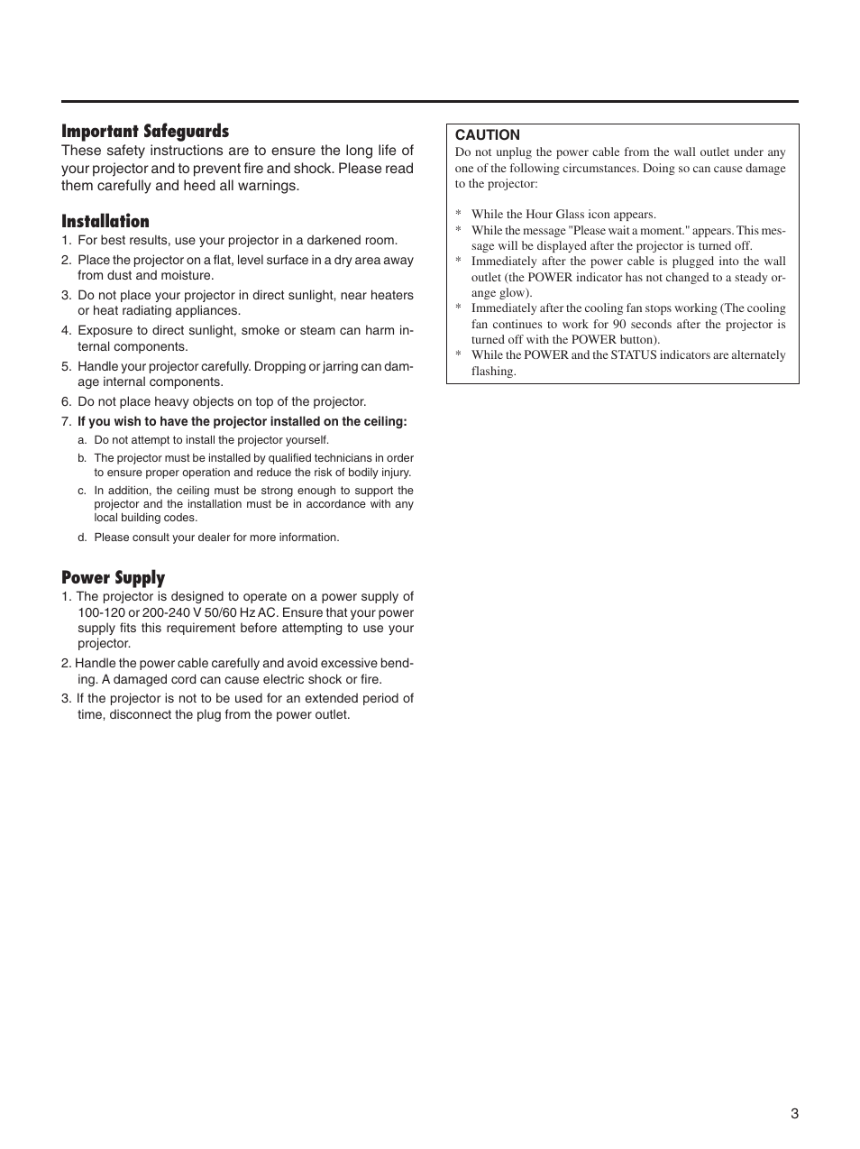 Important safeguards, Installation, Power supply | Integra DLV-100 User Manual | Page 3 / 52