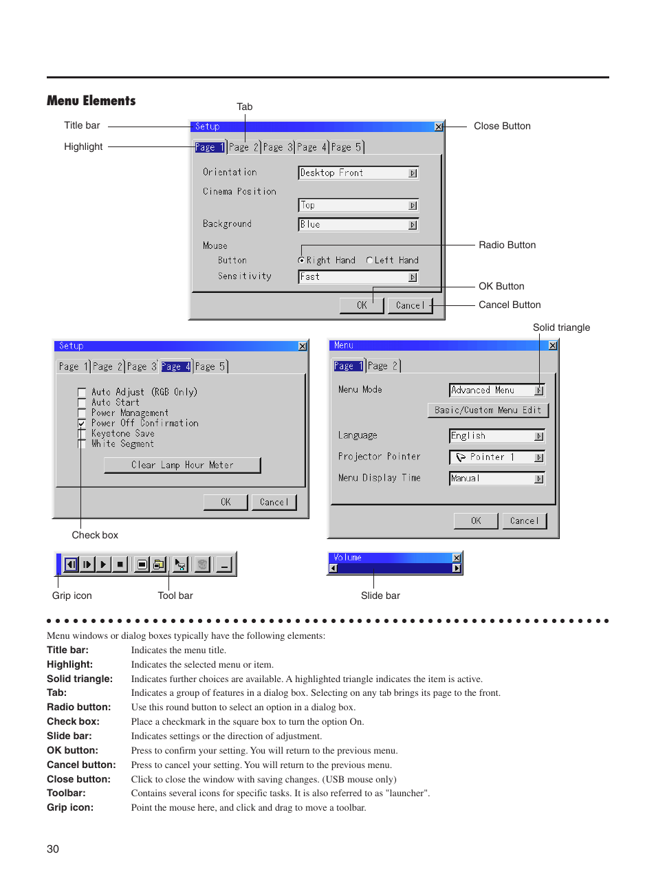 Menu elements | Integra DLV-100 User Manual | Page 30 / 52
