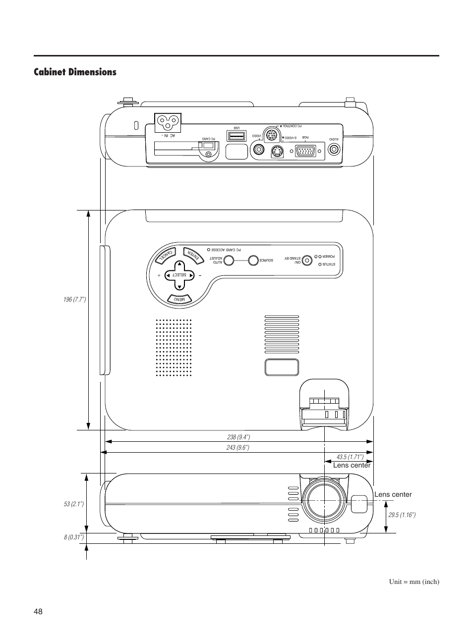 Cabinet dimensions, Unit = mm (inch), Lens center | Integra DLV-100 User Manual | Page 48 / 52