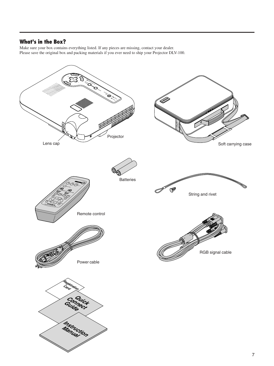 Quick connect guide instruction manual, What's in the box, Soft carrying case | Lens cap projector batteries, Registration card | Integra DLV-100 User Manual | Page 7 / 52