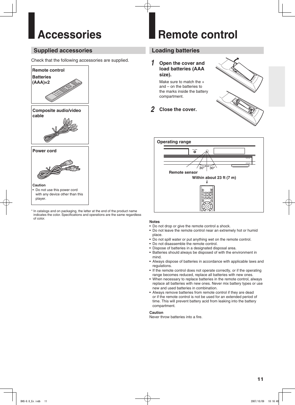 Accessories, Remote control, Loading batteries | Supplied accessories | Integra DHS-8.8 User Manual | Page 11 / 52