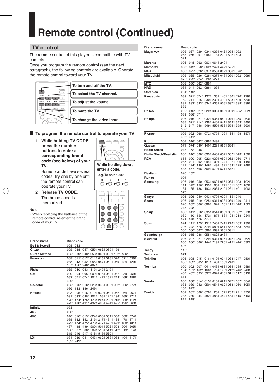 Remote control (continued), Tv control | Integra DHS-8.8 User Manual | Page 12 / 52
