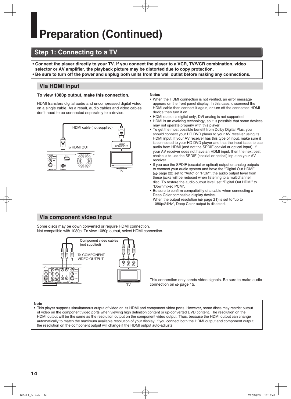 Preparation (continued), Step 1: connecting to a tv, Via hdmi input | Via component video input | Integra DHS-8.8 User Manual | Page 14 / 52