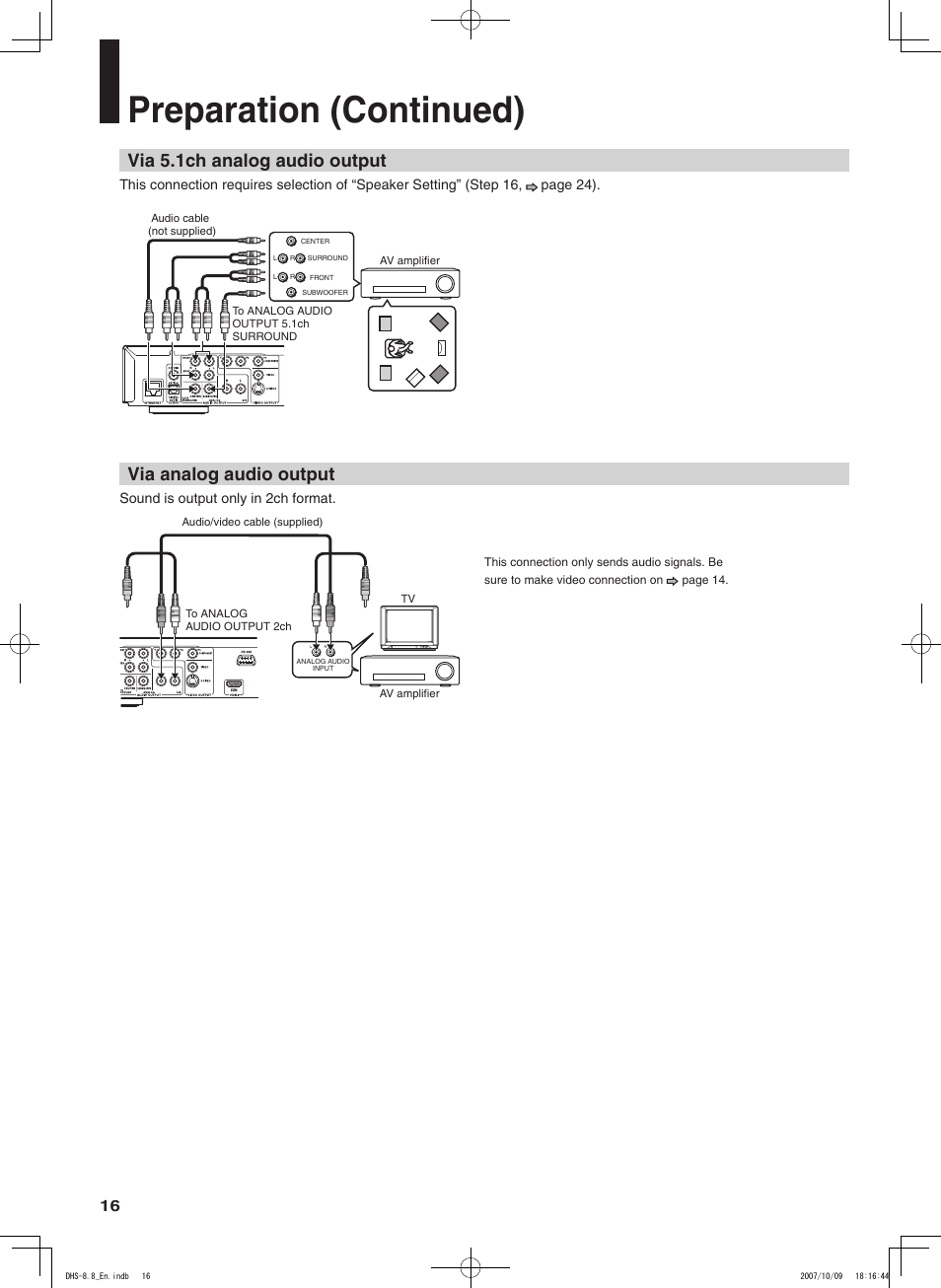 Preparation (continued), Via analog audio output, Via 5.1ch analog audio output | Integra DHS-8.8 User Manual | Page 16 / 52