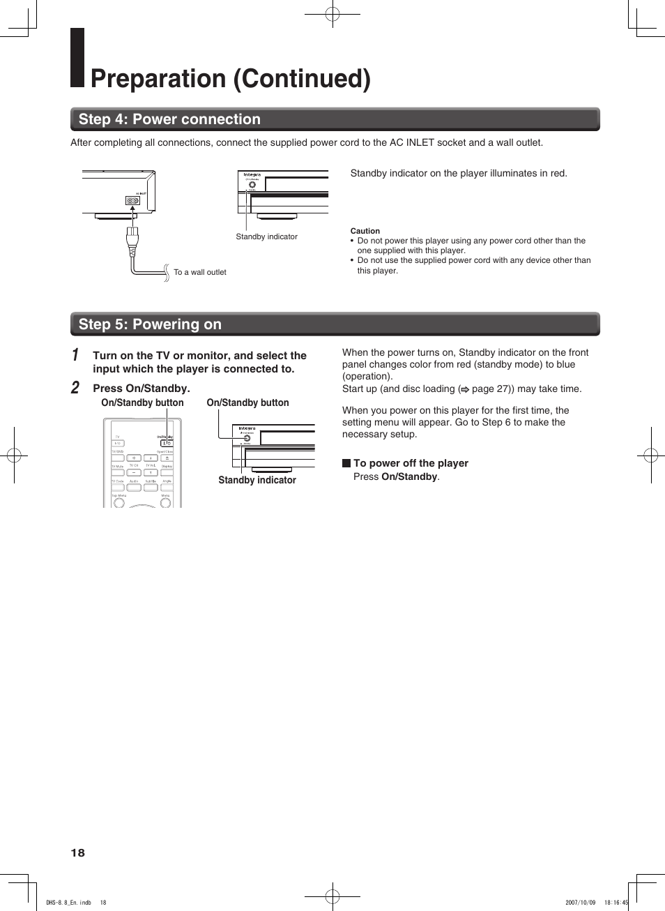 Preparation (continued), Step 5: powering on, Step 4: power connection | Integra DHS-8.8 User Manual | Page 18 / 52