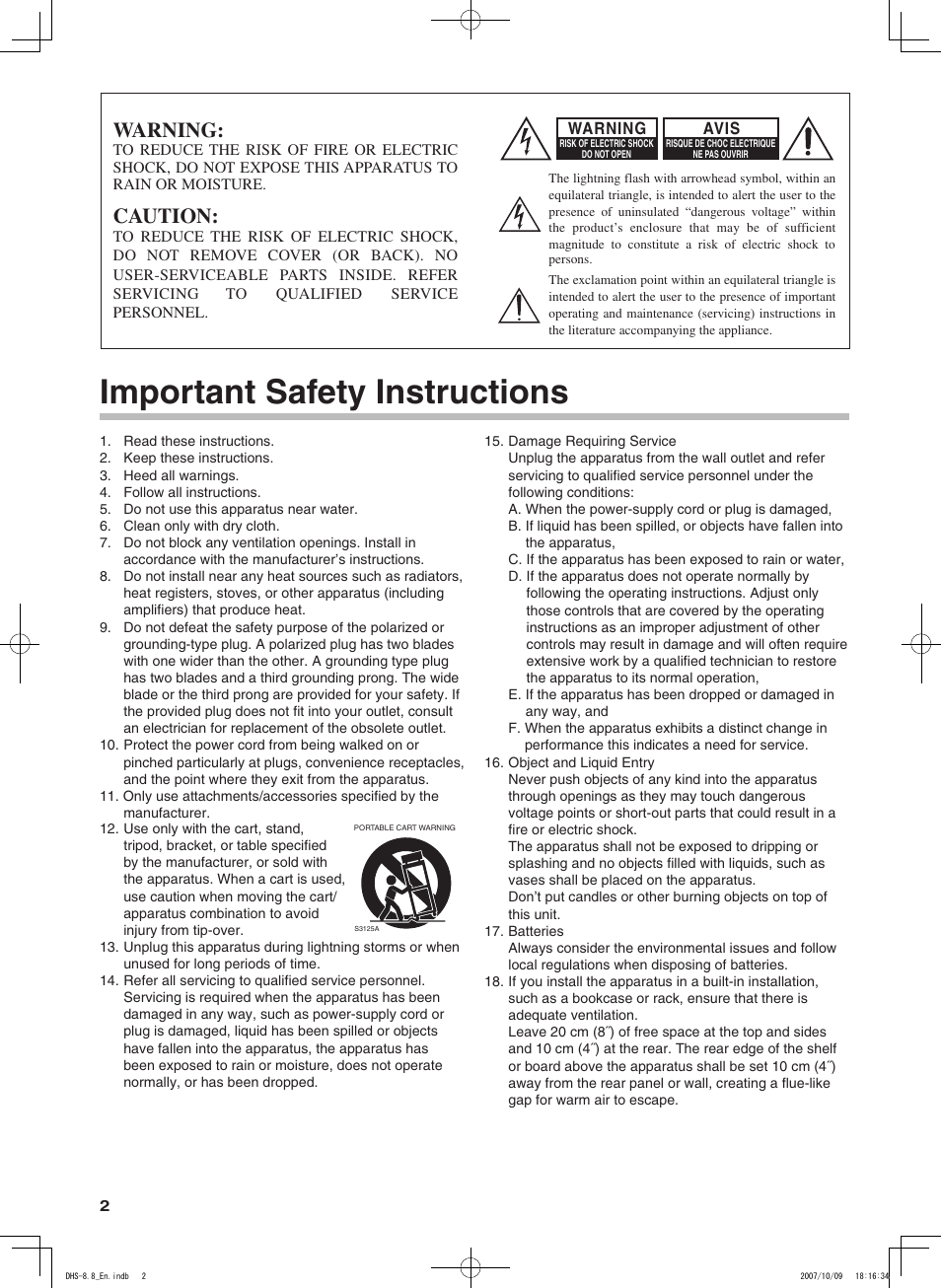 Important safety instructions, Warning, Caution | Integra DHS-8.8 User Manual | Page 2 / 52