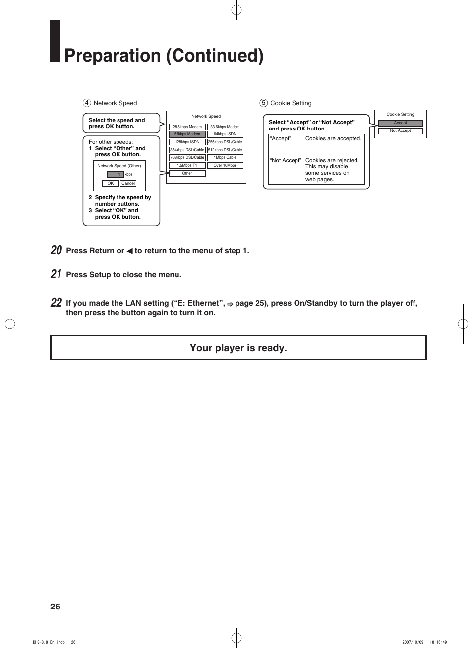 Preparation (continued), Your player is ready | Integra DHS-8.8 User Manual | Page 26 / 52