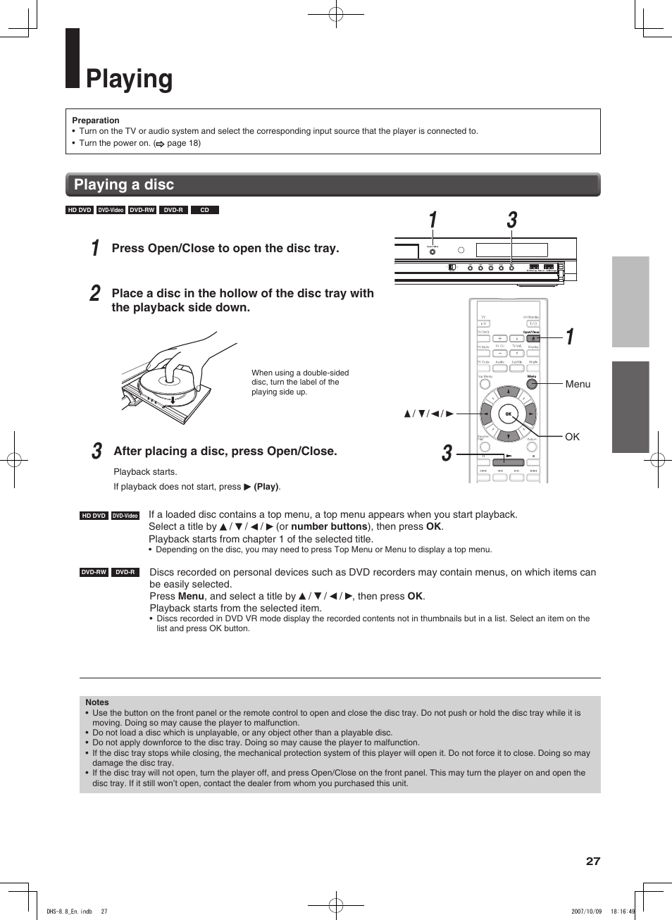 Playing, Playing a disc | Integra DHS-8.8 User Manual | Page 27 / 52